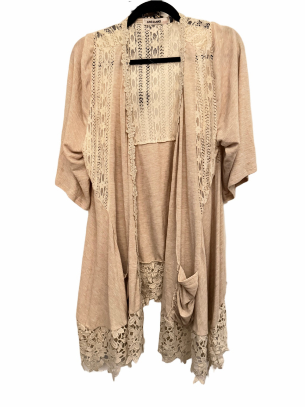 Women's Origami Beige & Cream Lace Trim Cardigan Plus Size